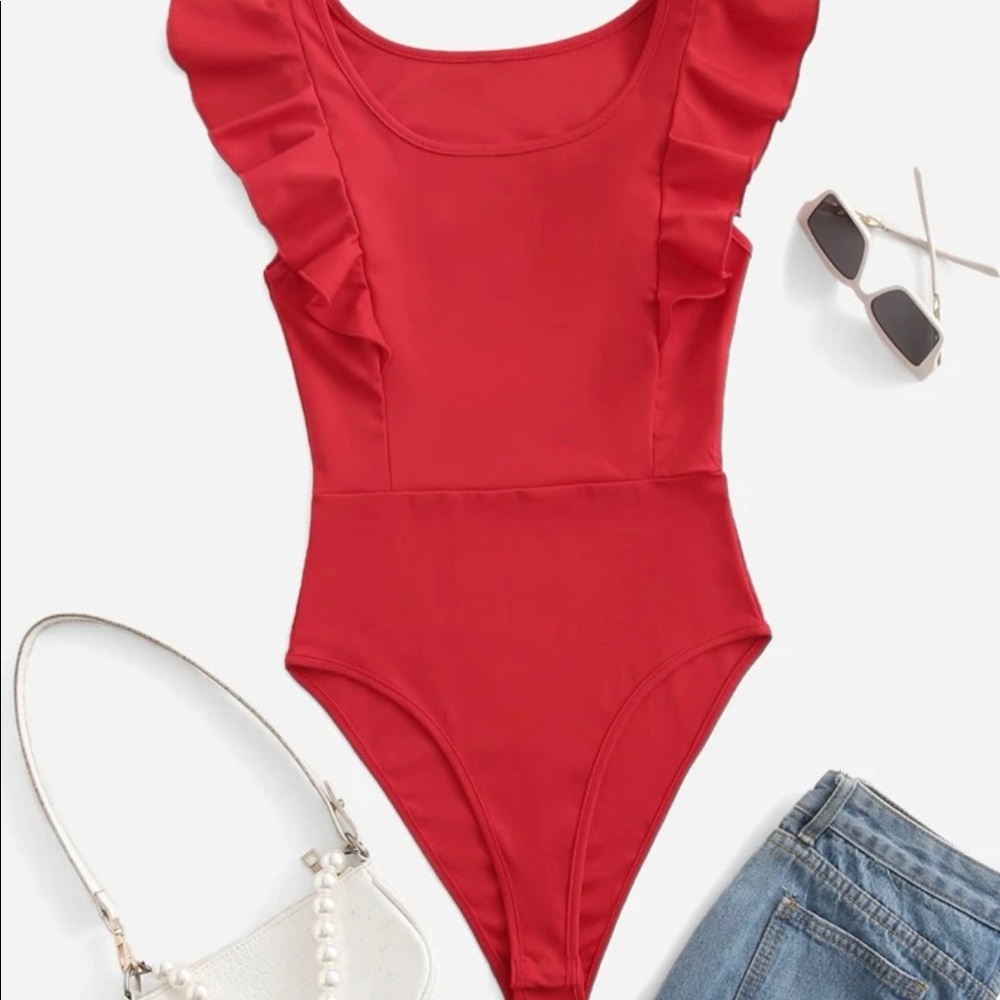 Red sleeve bodysuit with ruffle sleeves